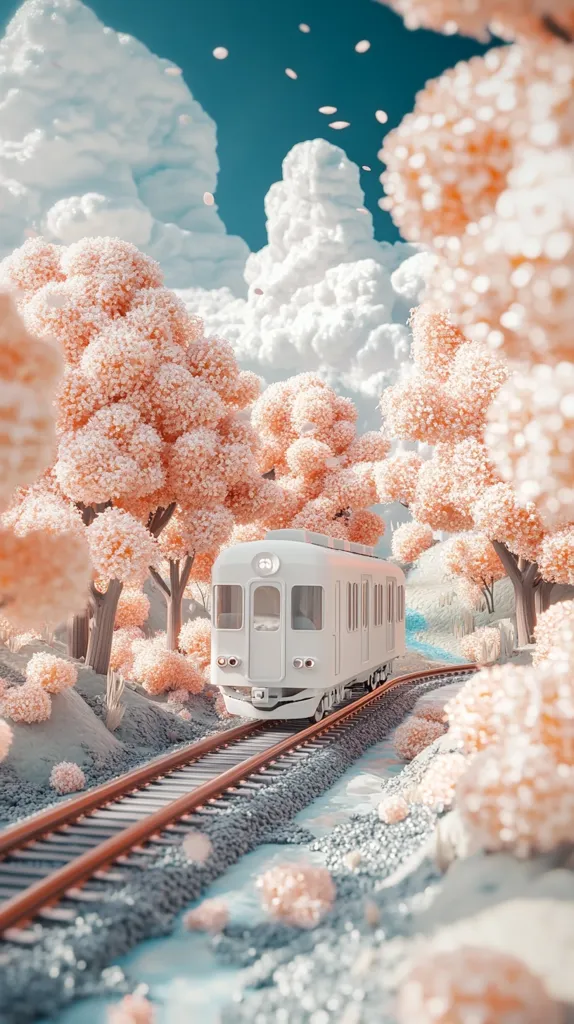 A charming digital illustration depicts a white train traversing a railway track nestled amidst a whimsical landscape.  Pastel-colored, fluffy trees reminiscent of cherry blossoms line the path, under a sky filled with soft, buoyant clouds.  Delicate pink petals drift through the air, adding to the ethereal, dreamlike atmosphere. The scene is serene and peaceful, evoking a sense of gentle wonder.