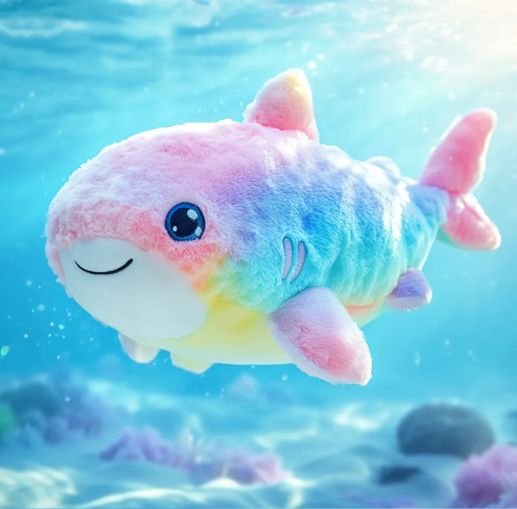 A pastel rainbow-colored plush shark toy floats underwater.  Its soft, fluffy fur shows shades of pink, blue, and yellow.  The shark has large, expressive eyes and a gentle smile.  The background is a blurry, underwater scene with a light blue tint, suggesting a calm and peaceful ocean environment.