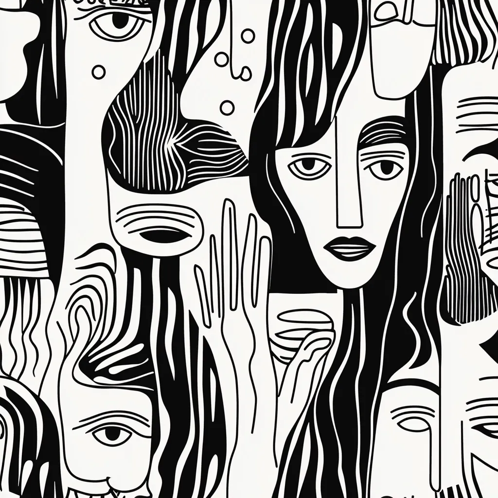 A black and white abstract artwork featuring stylized faces and hands.  Bold lines and contrasting shapes create a sense of depth and movement.  The composition is densely packed with overlapping forms, suggesting a multitude of personalities or perspectives.  The style is reminiscent of graphic art or printmaking, with a focus on pattern and linework.  The overall effect is both complex and visually engaging.