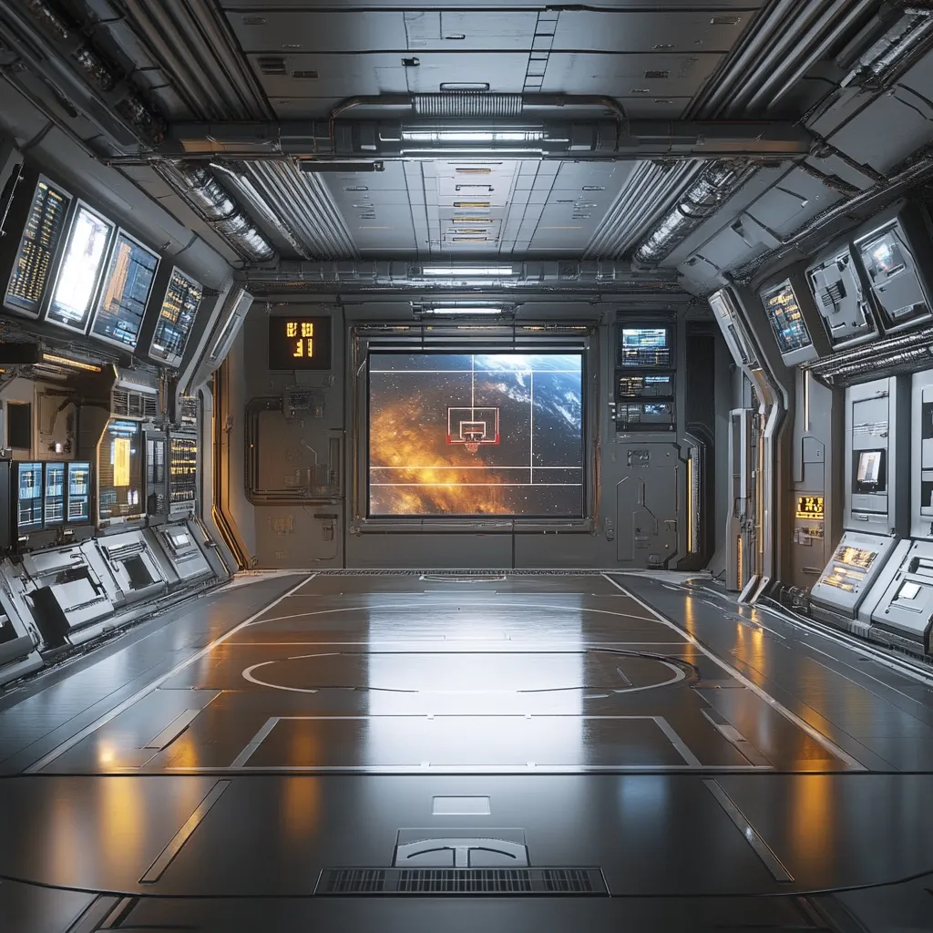 A futuristic spaceship corridor features a sleek, metallic basketball court.  The walls are lined with numerous technological control panels and screens displaying data and a view of Earth with a superimposed basketball court.  The overall aesthetic is clean, dark grey and metallic, with subtle orange accent lighting.  A digital scoreboard shows a score. The scene evokes a sense of high-tech and advanced space travel.