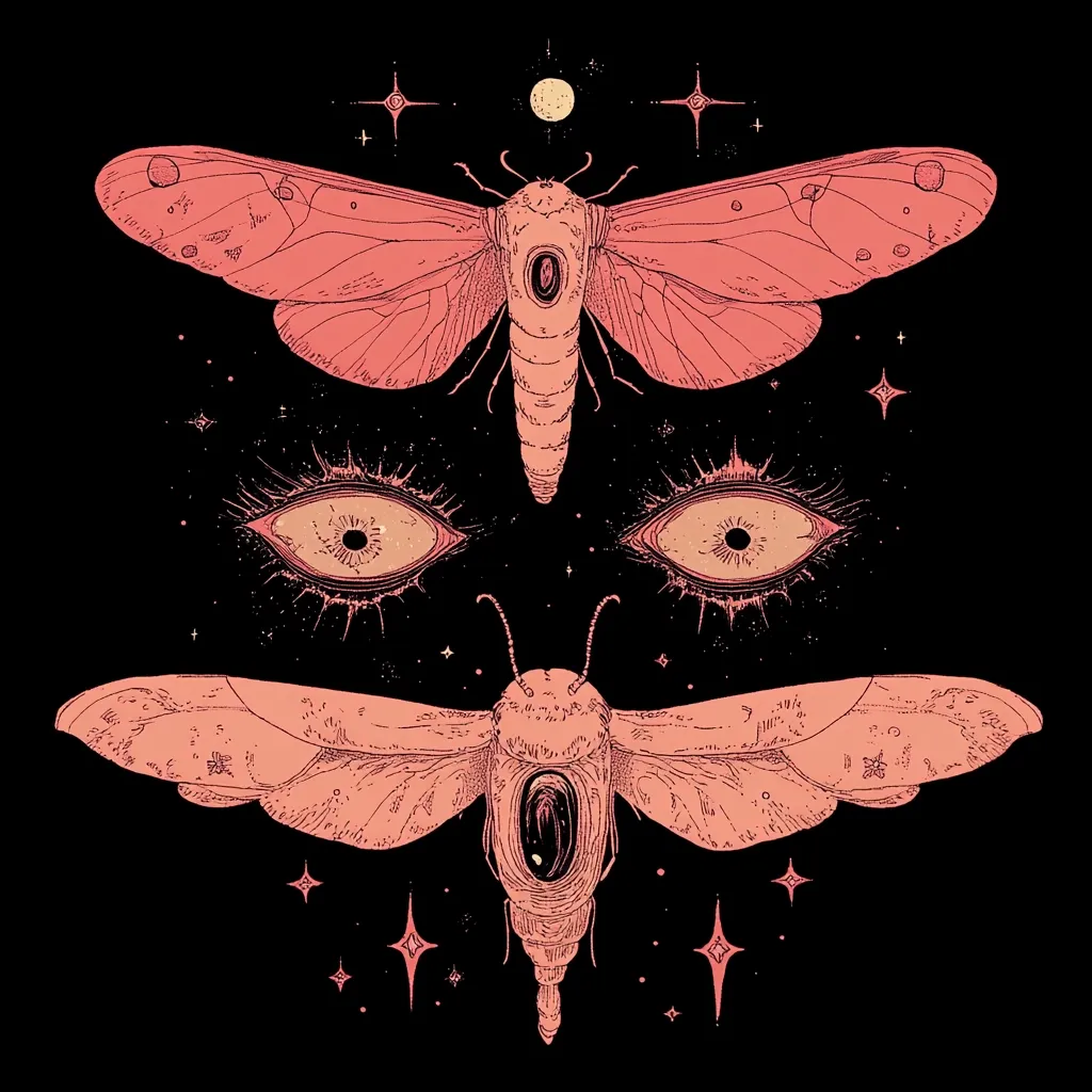 A dark, mystical illustration features two large, coral-colored moths, their wings spread wide.  Above and below the moths are pairs of stylized, glowing eyes.  The background is black, punctuated by small, sparkling stars and a crescent moon. The moths and eyes are intricately detailed, creating a surreal and slightly unsettling aesthetic.  The overall style evokes a gothic or occult vibe.