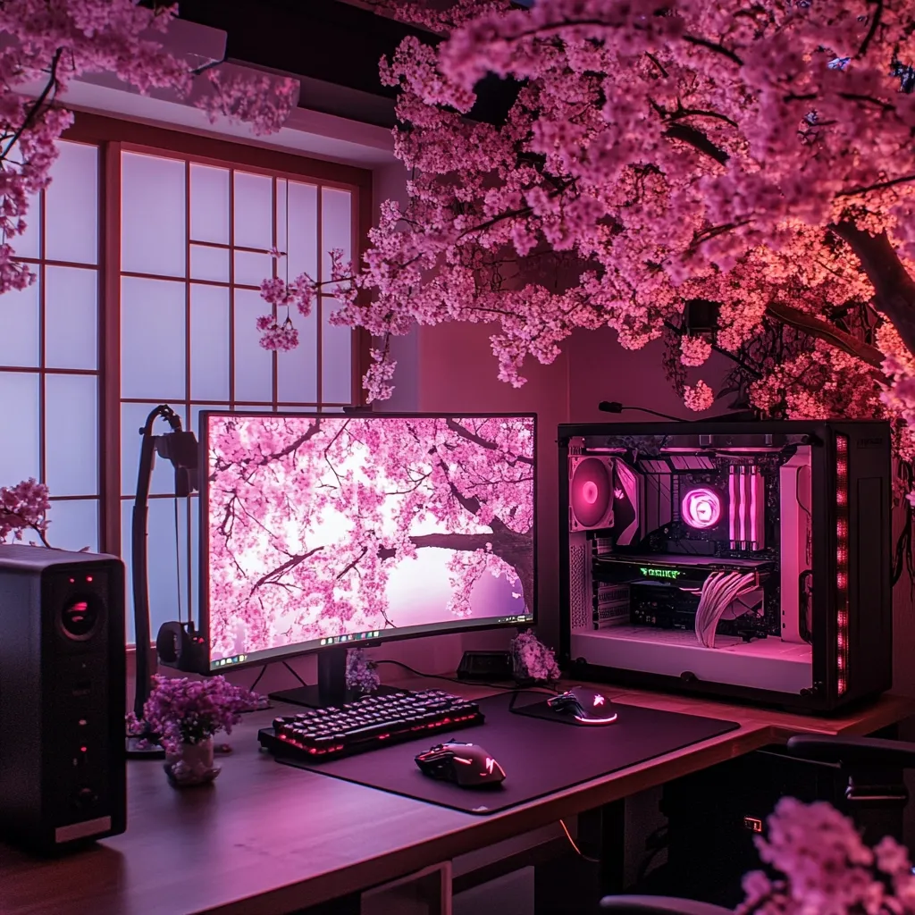 A stunning gaming setup bathed in pink light. A large curved monitor displays a cherry blossom image, matching the artificial cherry blossom tree dominating the background.  The PC tower is visible, showcasing internal components with RGB lighting.  A keyboard, mouse, and other peripherals complete the aesthetic, creating a serene yet powerful gaming space.  The overall ambiance is calming and highly stylized.