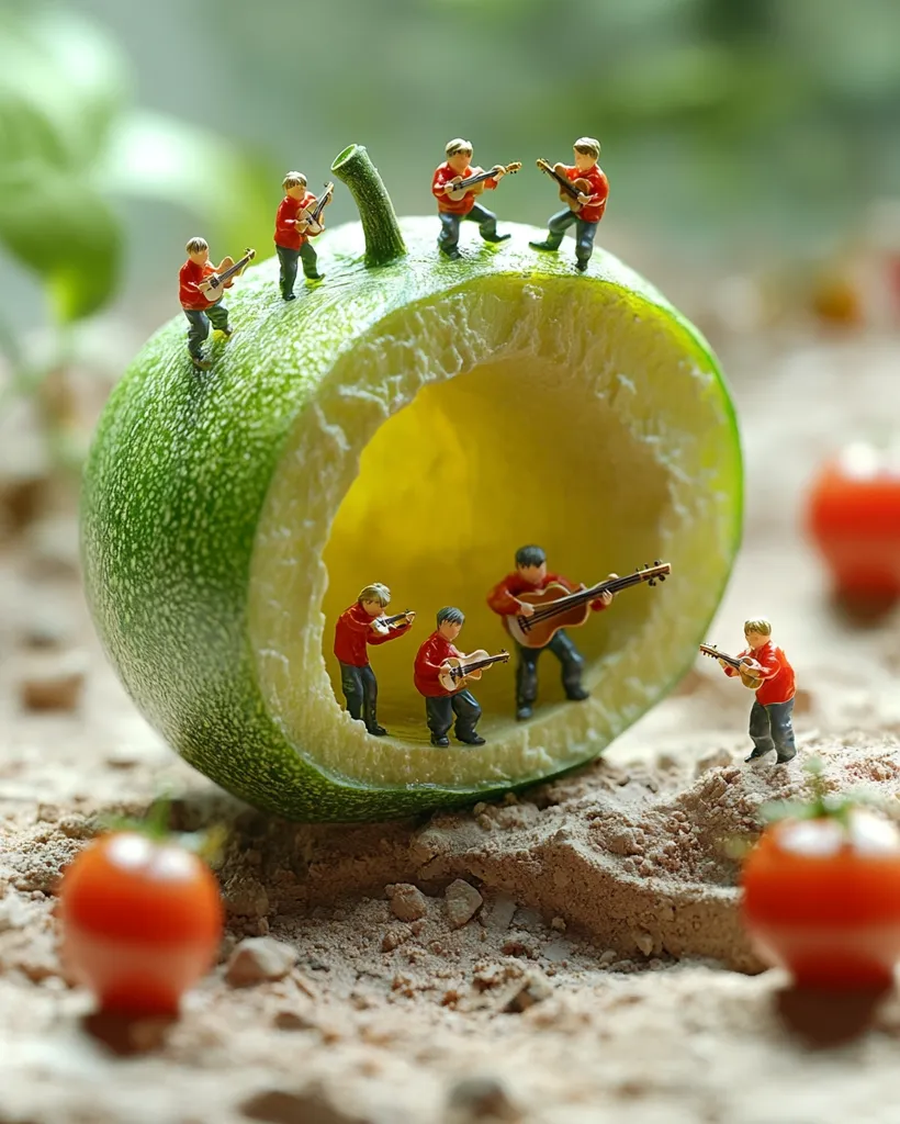 Miniature musicians, dressed in red, play guitars inside and on top of a hollowed-out green gourd.  Several tiny figures are engaged in a musical performance, creating a whimsical scene.  Small red tomatoes are scattered around the base on sandy ground, adding to the charming miniature world.  The image is a clever juxtaposition of scale and setting.