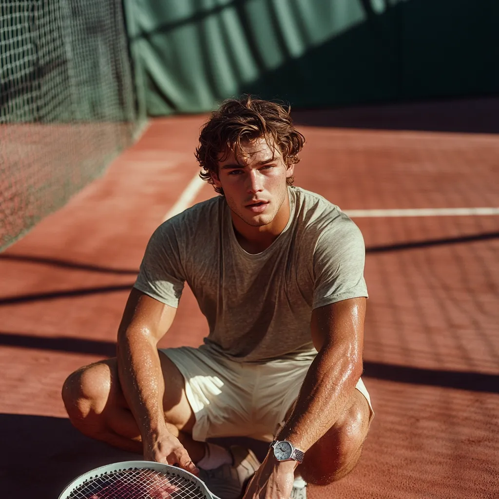 A young, muscular man with wavy brown hair sits on a tennis court, holding a tennis racket. He wears a light gray t-shirt and cream-colored shorts, his skin glistening with sweat.  He looks directly at the camera with a serious expression, his watch visible on his wrist. The sun casts shadows on the clay court.