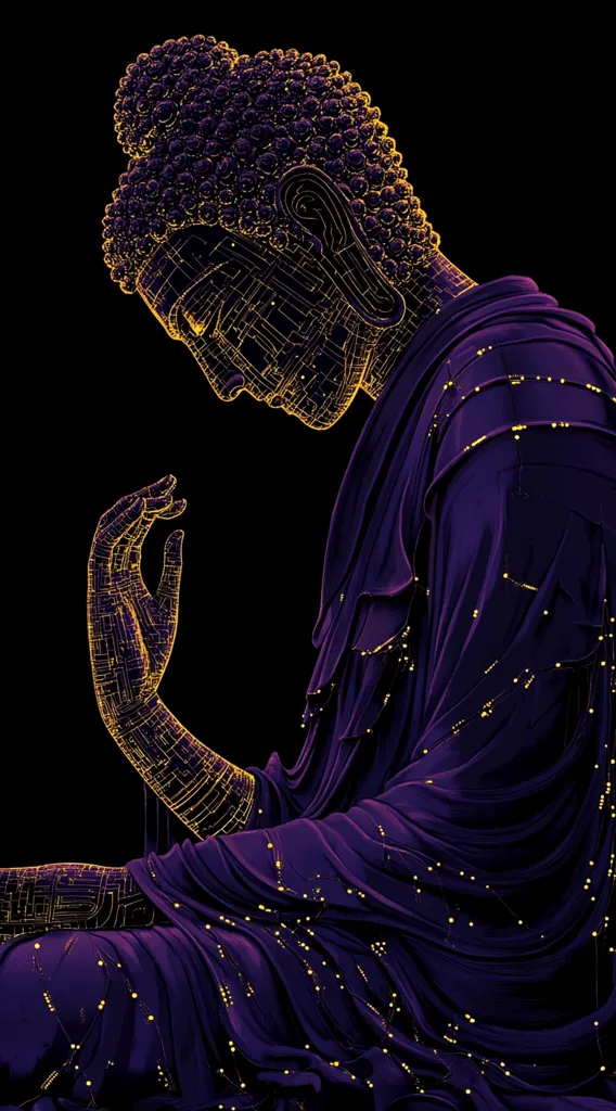 A digital rendering depicts a Buddha statue, rendered in deep purple with glowing gold circuitry lines outlining its form.  The Buddha is seated, head bowed in a contemplative pose, its hand gently raised.  The dark background accentuates the statue's intricate detail and ethereal quality, creating a striking visual contrast. The style blends traditional Buddhist imagery with a futuristic, technological aesthetic.