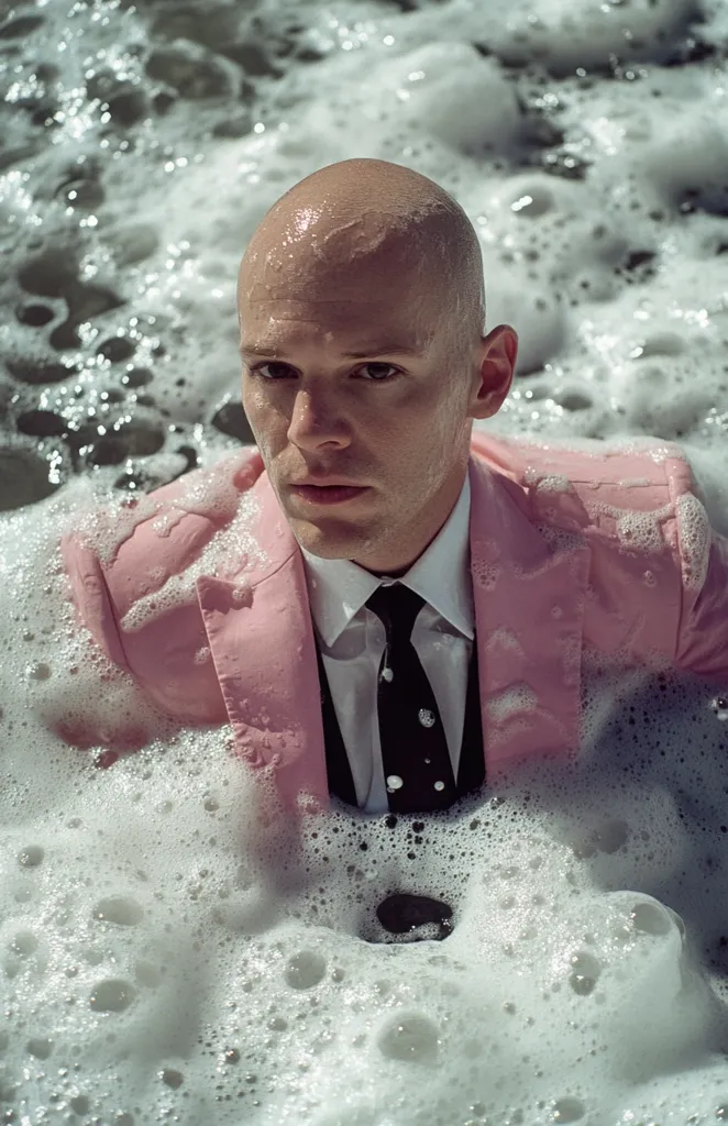 A bald man in a pink suit is submerged in soapy water.  The bubbles surround him, obscuring parts of his body and the suit. He wears a white shirt and a dark tie. His expression is serious, and he appears to be looking directly at the camera. The overall tone of the image is somewhat surreal and stylish.