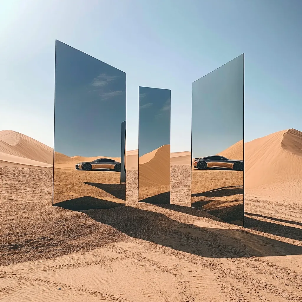 Three tall, rectangular mirrors stand in a desert landscape, reflecting a sleek, gold car and the undulating sand dunes.  The mirrors are positioned to create a sense of depth and illusion, multiplying the car's reflection and the surrounding environment. The clear blue sky contrasts sharply with the golden sands and metallic sheen of the car and mirrors. The scene is minimalist and evokes a feeling of vastness and solitude.