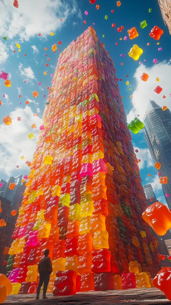 A towering skyscraper constructed entirely of vibrant gummy bears dominates the scene.  Multicolored gummies of various shades of red, orange, yellow, and pink form the building, which stretches towards a bright blue sky dotted with fluffy white clouds.  Smaller gummy bears rain down from above, adding to the whimsical, surreal atmosphere.  A lone figure stands at the base, dwarfed by the colossal candy structure.  City skyscrapers peek out in the background, creating a striking contrast between the ordinary and the fantastical.