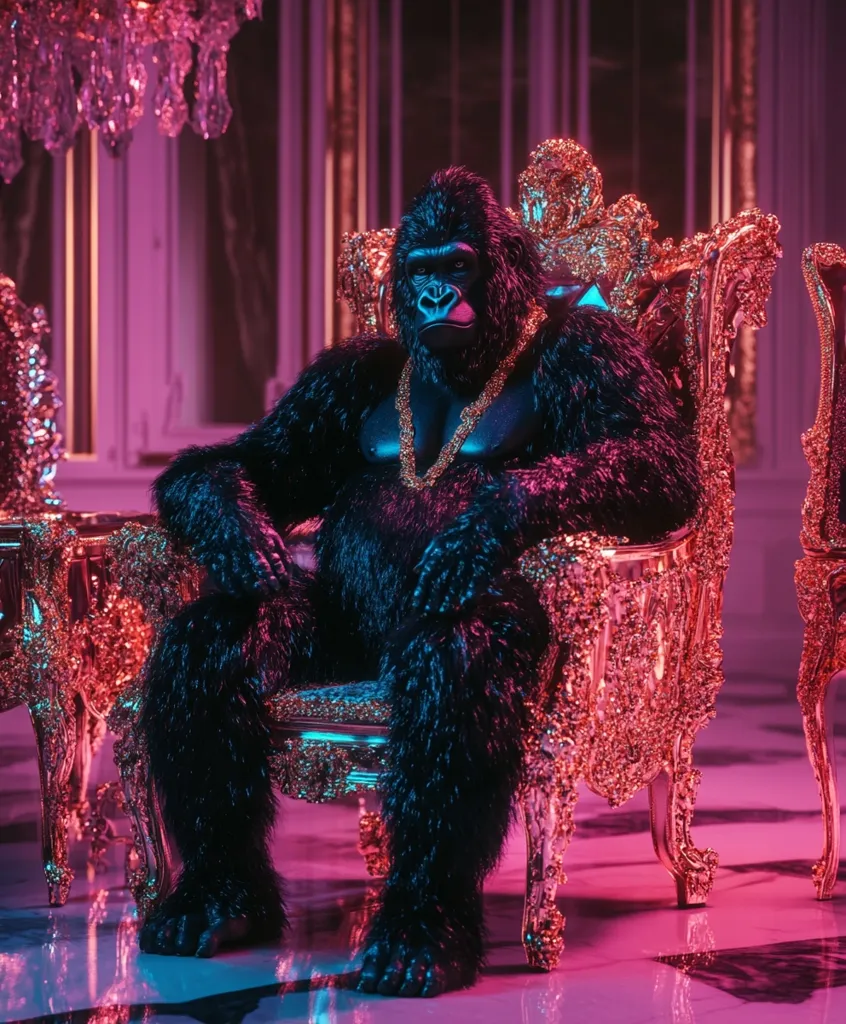 A gorilla, adorned in a thick, dark fur suit and a heavy gold chain, sits majestically on an ornate, gold-leaf throne. The opulent setting, bathed in vibrant pink and blue neon lighting, creates a striking contrast to the gorilla's imposing figure. The scene is surreal and luxurious, suggesting a powerful, perhaps even arrogant, presence.