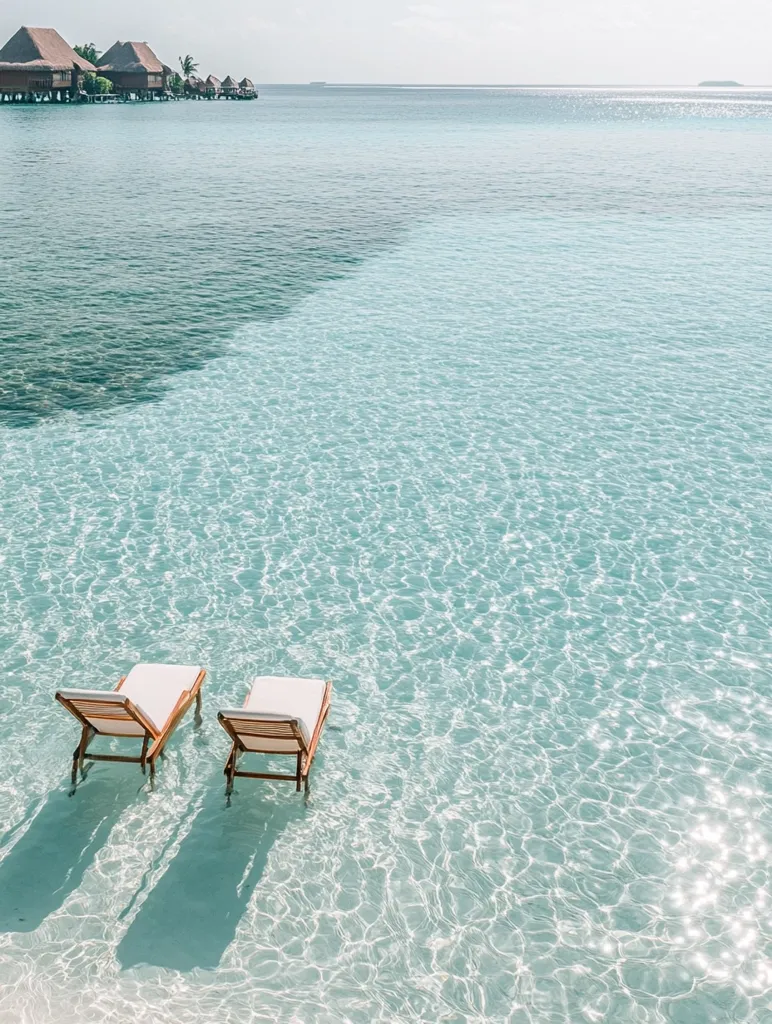 Two empty wooden lounge chairs sit partially submerged in crystal-clear turquoise water.  The shallows gently lap around the chairs, providing a tranquil scene.  In the background, a row of overwater bungalows with thatched roofs rests on the calm ocean, creating a luxurious tropical paradise.  The sun glistens on the water's surface.