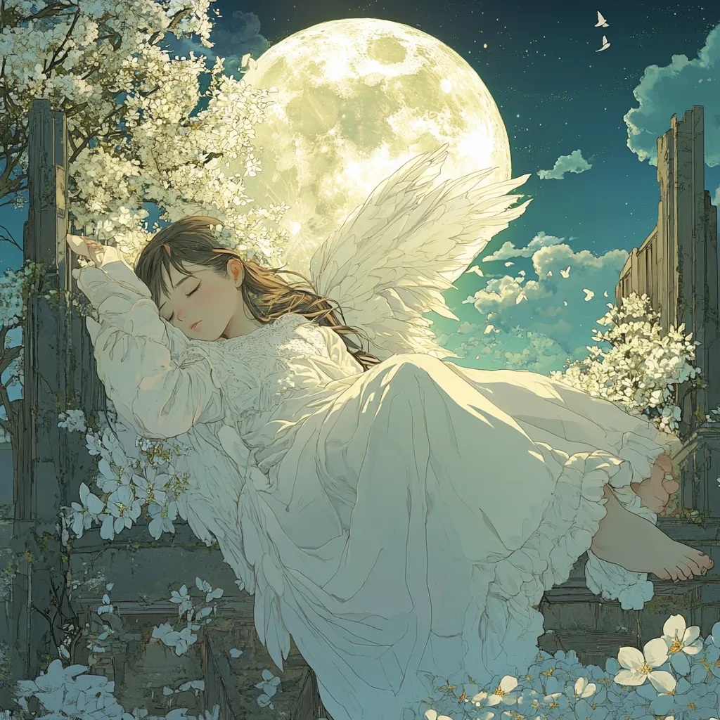 A young girl with angel wings, dressed in a flowing white gown, peacefully sleeps on a weathered wooden structure.  She rests her head on her arm, surrounded by blossoming white flowers under a large, luminous moon.  The night sky is a canvas of soft blues and purples, dotted with stars and a few small birds.  The overall scene is serene and ethereal.