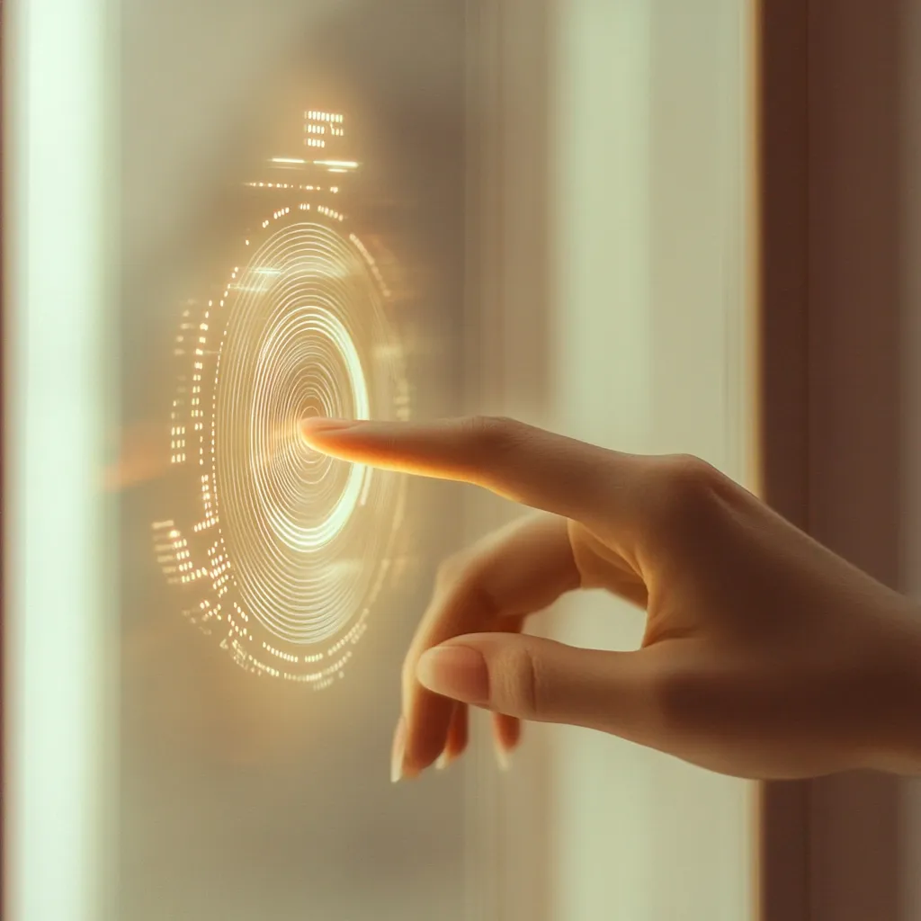A hand gently touches a futuristic, glowing interface.  The interface displays concentric circles and data points, suggesting a technological interaction. The warm, golden light enhances the futuristic aesthetic, creating a sense of innovation and advanced technology.  The image evokes themes of digital interaction and the future of user interfaces.