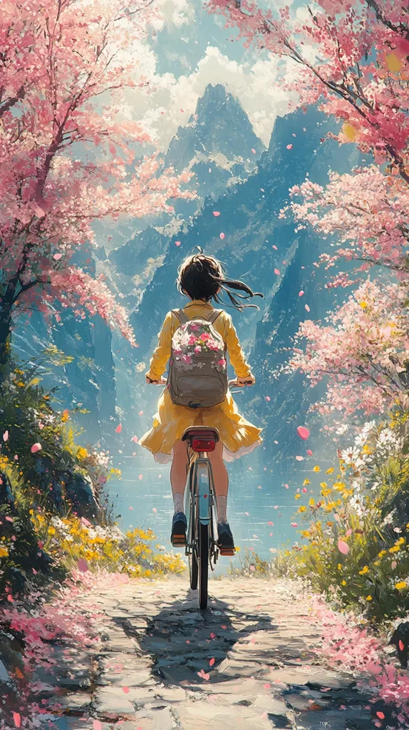 A young girl with a floral backpack cycles down a picturesque path.  Cherry blossoms fall around her as she pedals towards majestic mountains in the distance. The scene is idyllic, bathed in sunlight, with vibrant wildflowers lining the stone road.  The artwork evokes a feeling of serene adventure and springtime joy.