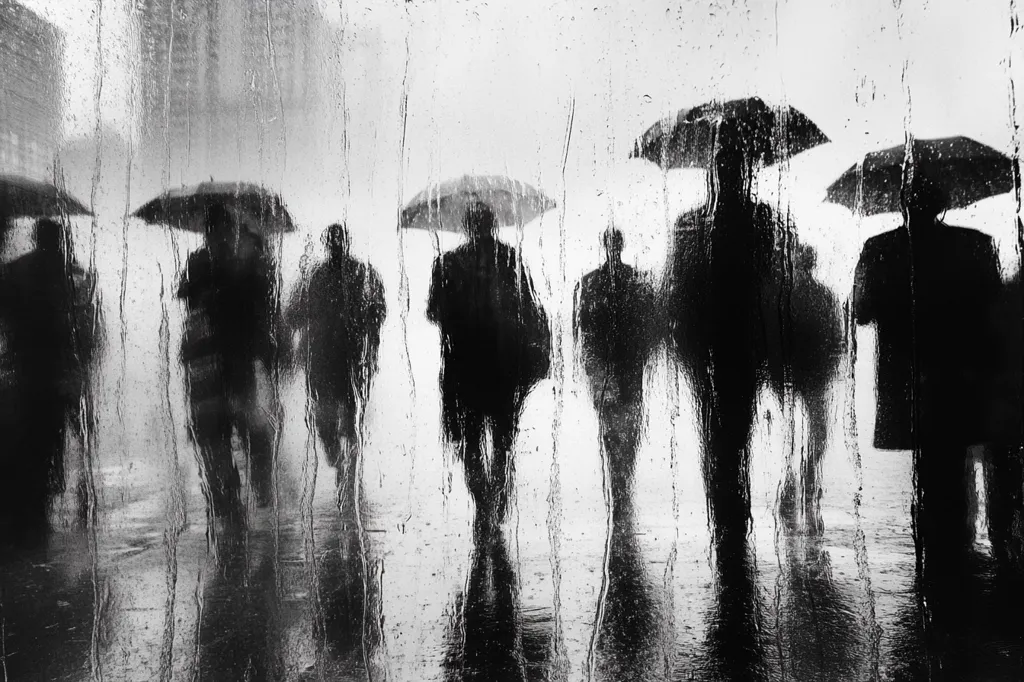 A black and white photograph depicts several figures, each carrying an umbrella, walking through a heavy downpour.  The rain streaks the window or surface through which they are viewed, obscuring details and creating a blurred, ethereal effect. The figures are silhouetted against the rain, their forms indistinct yet conveying a sense of anonymity and urban solitude. The overall mood is somber and atmospheric.