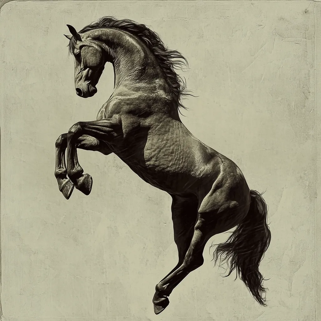 A striking monochrome image depicts a powerful black stallion rearing up on its hind legs against a textured, muted beige background.  The horse's muscular physique and flowing mane are vividly detailed, showcasing its strength and grace. The sepia tone adds a timeless quality to the artwork, emphasizing the animal's majestic presence.