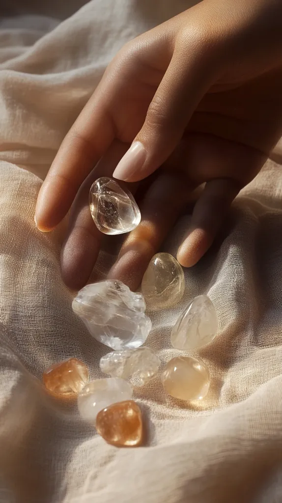 A hand gently holds and displays several tumbled stones of varying shades of clear, light orange, and yellow-orange hues.  The stones rest on a soft, beige fabric, illuminated by warm, natural light.  The overall aesthetic is calm and serene, suggesting a focus on healing crystals or mindfulness. The image evokes a sense of peace and tranquility.