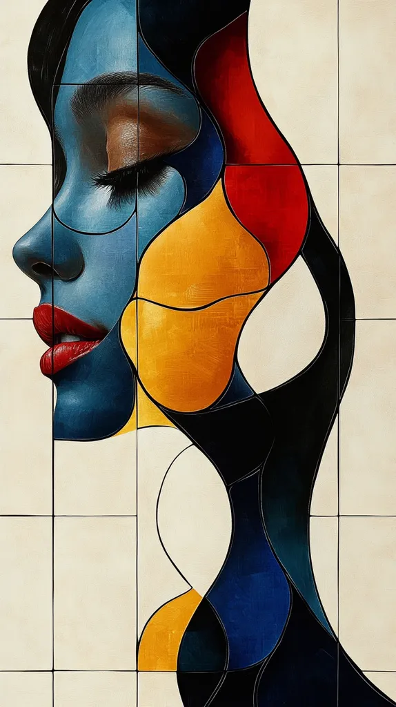 A stylized portrait of a woman's face is depicted in a cubist-inspired manner.  Bold blocks of blue, red, yellow, and black create an abstract form suggesting her features.  The grid-like composition overlays the organic curves of the face and neck, creating a visually striking contrast between geometric structure and flowing lines.  The overall effect is modern and artistic, blending portraiture with abstract design.