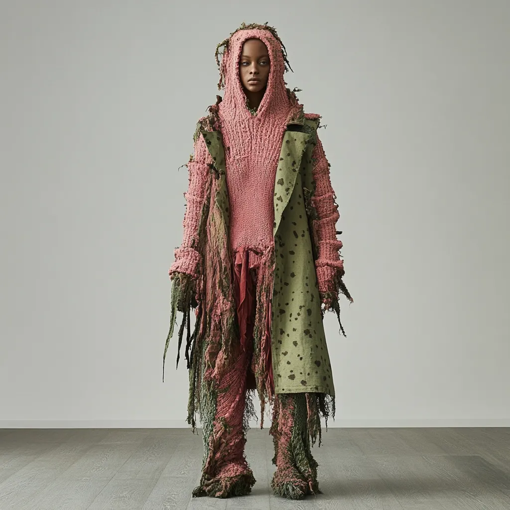 A young model stands against a neutral backdrop, showcasing an avant-garde ensemble.  The outfit features a pink, heavily textured knit sweater layered under a deconstructed olive green coat.  Both garments exhibit frayed, organic textures, creating a visually striking and unconventional aesthetic.  The model's hood is up, adding to the mysterious and artistic presentation.