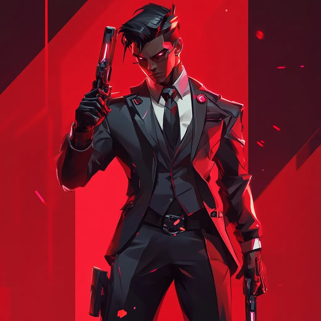 A stylized illustration depicts a man in a sharp black suit, his expression serious.  He holds a handgun, his dark gloves and attire suggesting a clandestine or professional role. The red background enhances the dramatic lighting and emphasizes the character's intensity.  His eyes glow faintly, adding to the mysterious aura. The overall aesthetic is sleek and powerful, reminiscent of a video game character.