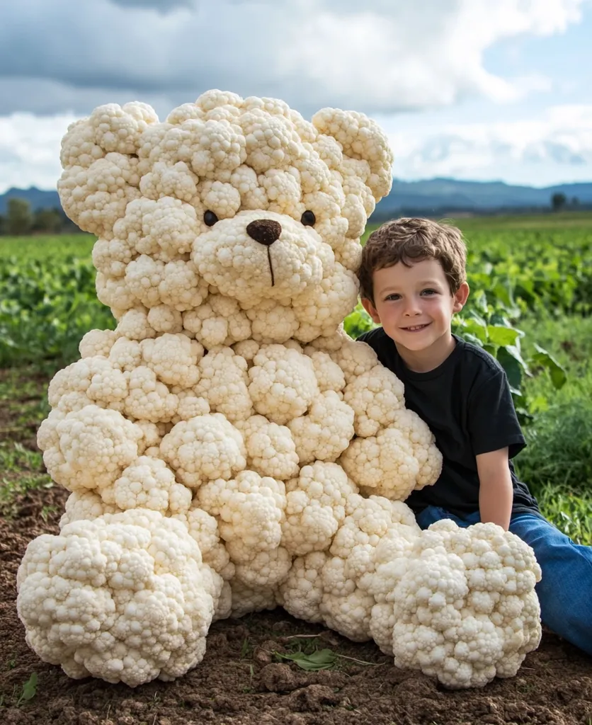 A giant cauliflower teddy bear sits in a field next to a smiling young boy.  The bear is crafted entirely from numerous cauliflower florets, meticulously arranged to resemble a plush toy. The boy is seated beside the vegetable sculpture, showcasing its impressive size and intricate detail against a backdrop of verdant farmland under a partly cloudy sky.
