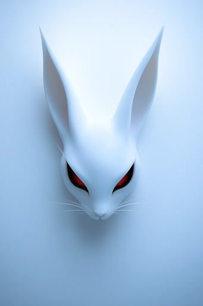 A stylized white rabbit mask with glowing red eyes is centered against a light blue background. The mask is smooth and three-dimensional, its long ears pointing upward.  The contrast between the white mask and the red eyes creates a striking, slightly unsettling image.  The minimalist composition emphasizes the mask's form and features.