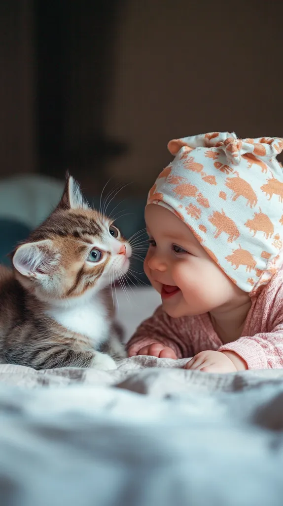 A cute baby wearing a peach-colored bonnet with animal prints lies on a bed, face-to-face with a small tabby kitten.  The baby is smiling, and the kitten looks curiously at the infant. Both are lying on a light-colored blanket. The scene is intimate and heartwarming, capturing a moment of connection between a child and an animal.