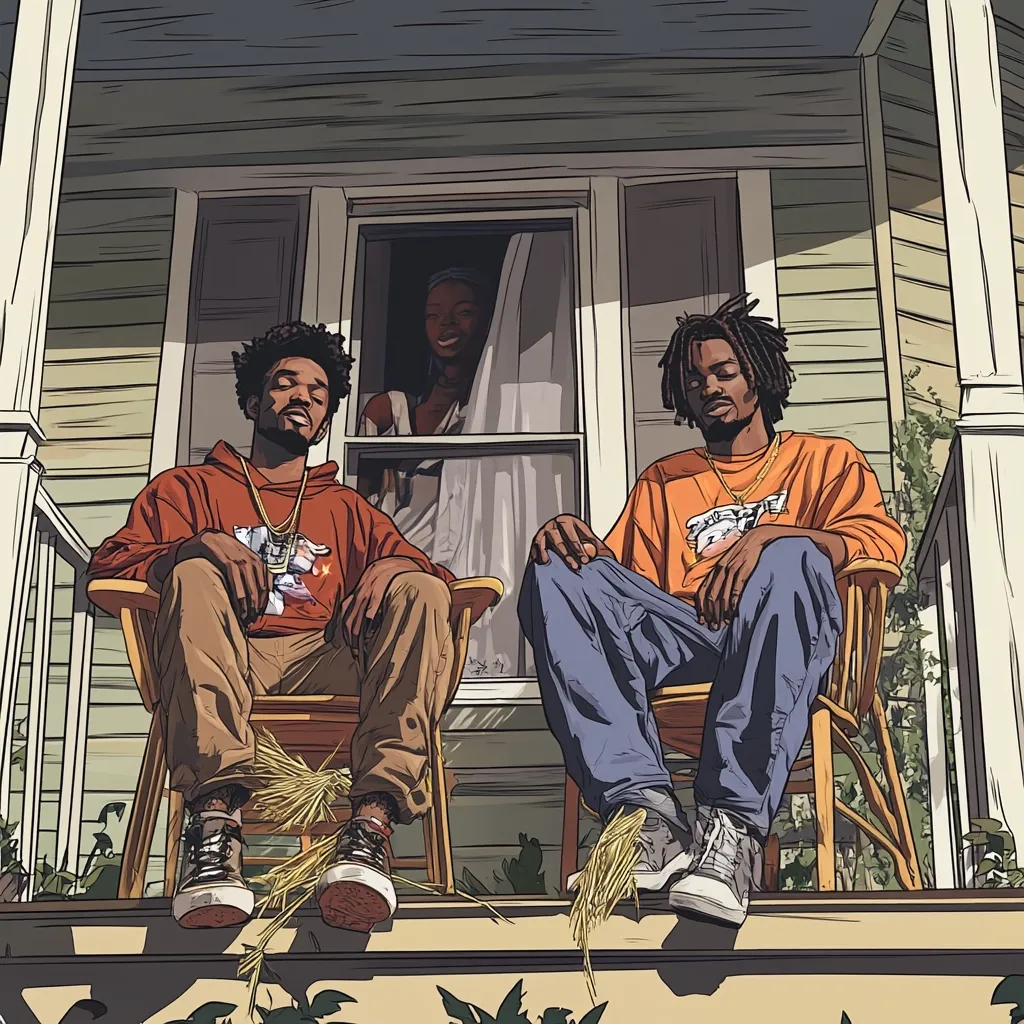 A stylized illustration depicts two young Black men seated on a porch, wearing casual streetwear.  They are relaxed, their postures suggesting ease and conversation. A woman is visible through a window behind them. The art style is reminiscent of graphic novels, with bold outlines and muted colors, creating a nostalgic and atmospheric scene.  The porch setting adds to the relaxed vibe of the image.