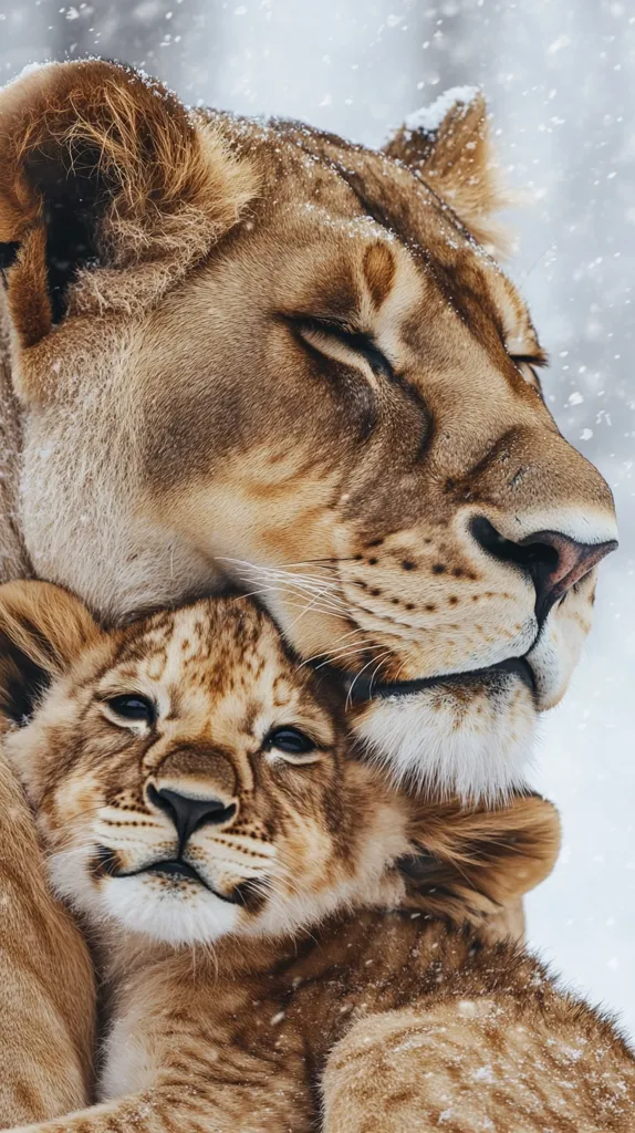 A lioness tenderly embraces her cub in a snowy landscape.  Snowflakes gently fall, dusting the lioness's tawny mane and the cub's soft fur. The lioness's eyes are half-closed, conveying a sense of warmth and protection. The cub rests peacefully against its mother, its expression serene and trusting. The image evokes feelings of maternal love and the beauty of the natural world.