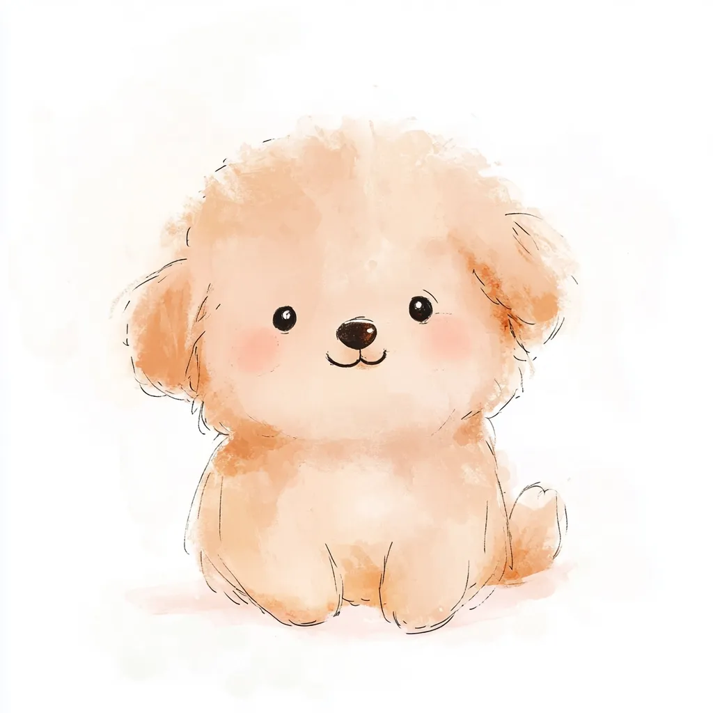 A charming watercolor illustration depicts a fluffy, light brown puppy.  The puppy is depicted in a sitting position, with large, expressive eyes and a sweet smile.  Its fur is rendered with soft, delicate brushstrokes, giving it a cuddly appearance. The overall style is cute and whimsical, perfect for children's books or greeting cards.