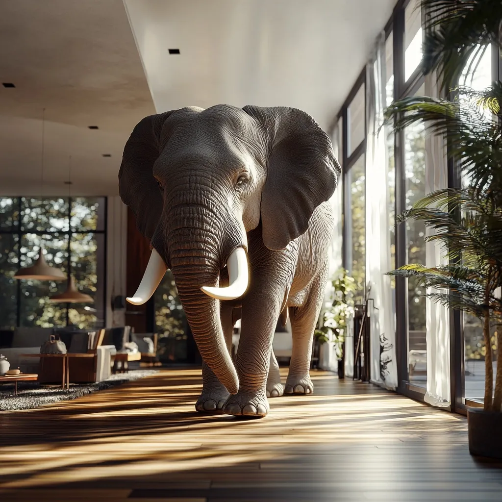 A large, realistic elephant stands in the center of a modern, sunlit living room.  The hardwood floors gleam, reflecting sunlight streaming through expansive windows overlooking a lush green landscape.  Houseplants add to the tranquil atmosphere, creating a striking contrast between the wild animal and the sophisticated interior design. The elephant appears calm, its presence dominating the spacious room.