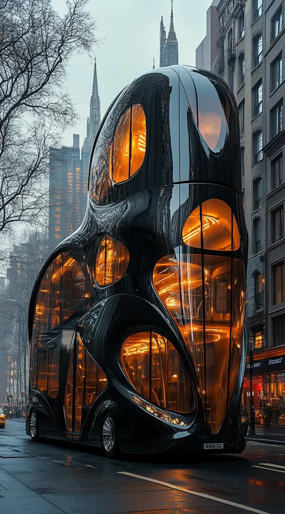A futuristic, black double-decker bus with an organic, flowing design stands on a city street.  Its numerous windows glow with warm interior light, contrasting with the sleek, dark exterior.  Tall buildings and bare trees form the backdrop, creating a striking juxtaposition of modern architecture and urban landscape. The bus's unique shape and reflective surface capture the city's ambiance.