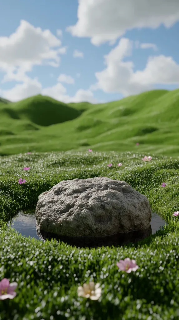 A large, grey rock sits in a small pool of water nestled within a vibrant green mossy field.  Delicate pink flowers scatter across the landscape, adding a touch of color to the serene scene. Rolling green hills and a partly cloudy blue sky form a picturesque backdrop. The overall image evokes a sense of peace and tranquility in nature.