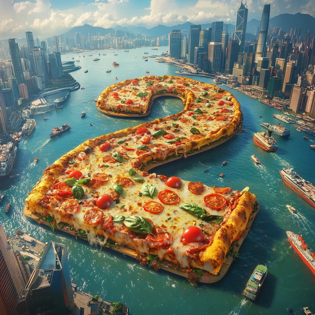 A giant pizza, shaped like a question mark, floats on the water surrounding a bustling city skyline, possibly Hong Kong.  The pizza is generously topped with cheese, tomatoes, and basil.  Numerous boats and ships traverse the waterway, creating a surreal juxtaposition of food and urban landscape.  The image is vibrant and fantastical, suggesting a playful and imaginative concept.