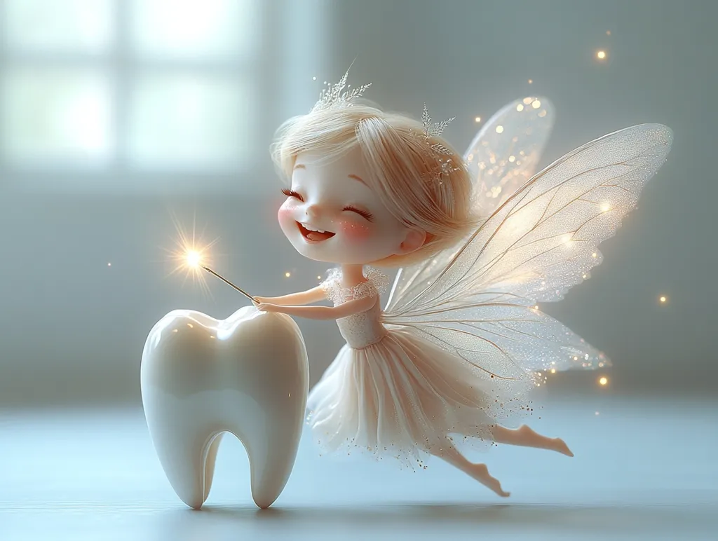 A charming 3D-rendered illustration depicts a cute fairy with blonde hair and delicate, shimmering wings.  She's dressed in a white tutu and holds a glowing wand near a large, pearly white tooth.  The scene is soft and dreamy, with a light blue background and sparkling particles adding a magical quality. The overall mood is whimsical and sweet, suggesting a childlike sense of wonder.