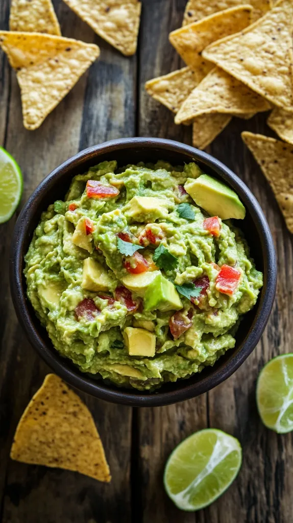 A dark bowl brimming with vibrant guacamole is the centerpiece, surrounded by crispy tortilla chips and lime wedges on a rustic wooden table.  The guacamole is chunky, showcasing diced avocado, red bell pepper, and cilantro.  The scene is appetizing, highlighting the fresh ingredients and simple preparation.