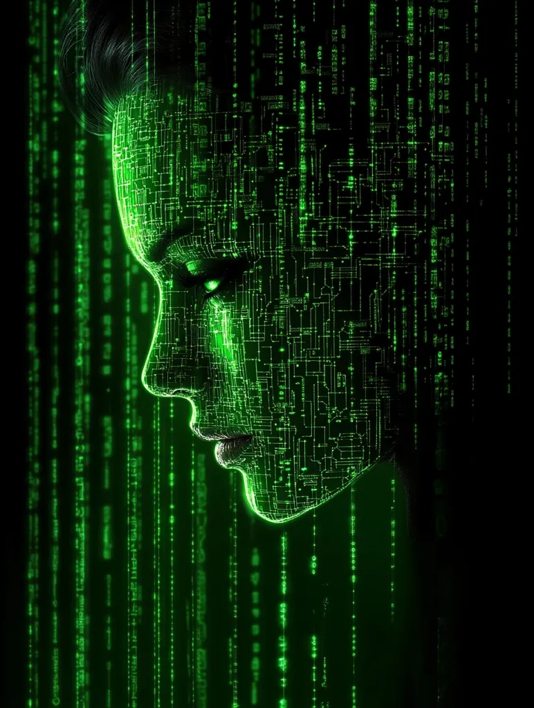 A stylized female face is depicted, constructed from glowing green circuit lines reminiscent of digital code.  The image evokes a sense of artificial intelligence or a human-machine interface.  A cascade of green digital data streams down the background, mirroring the Matrix aesthetic.  The overall effect is dark, mysterious, and technologically advanced.