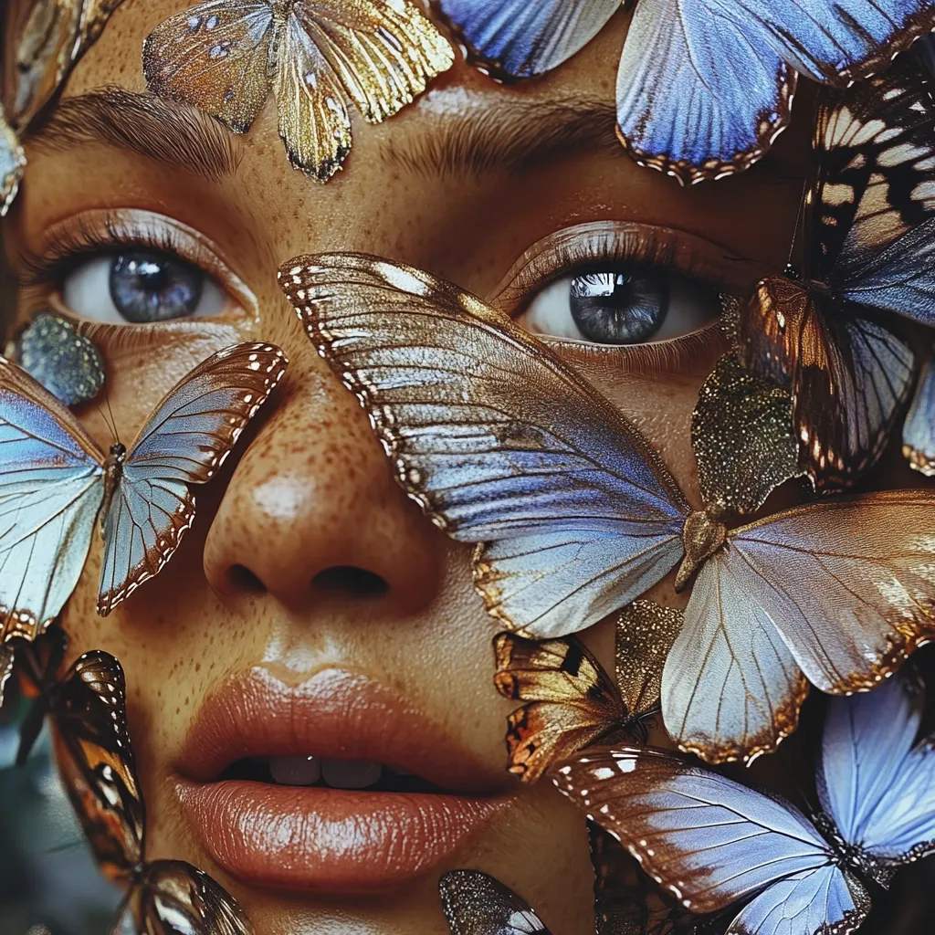 A close-up image of a woman's face adorned with numerous iridescent butterflies.  The butterflies, in shades of blue, gold, and brown, cover her face, creating a surreal and ethereal effect.  Her eyes are striking, and her freckled skin is subtly visible beneath the wings.  The overall impression is one of beauty and fantasy.
