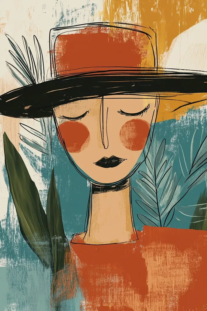 A stylized portrait of a woman wearing a wide-brimmed hat.  Her eyes are closed, and her face is painted with bold, textured strokes in earthy tones of orange and terracotta.  Tropical leaves flank her, adding a vibrant contrast against a muted teal background. The overall style is abstract and expressive, utilizing a blend of paint strokes and line work.