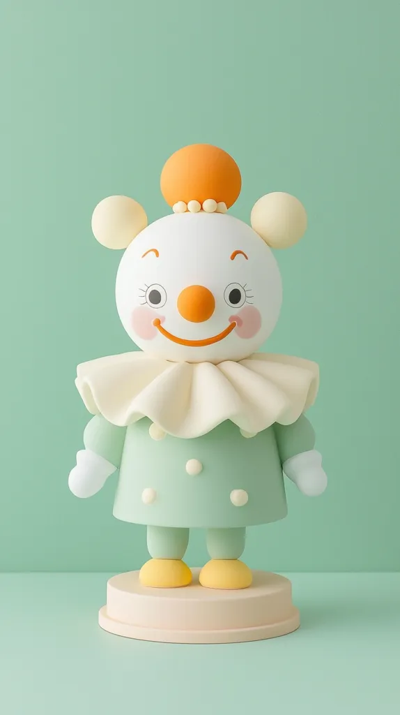 A charming figurine of a stylized clown stands on a pale pink base against a mint green backdrop.  The clown features a round white face with large eyes, a small orange nose, and a cheerful smile.  It wears a pastel green outfit adorned with white polka dots and a ruffled collar, complemented by small yellow shoes.  The overall aesthetic is playful and minimalist.
