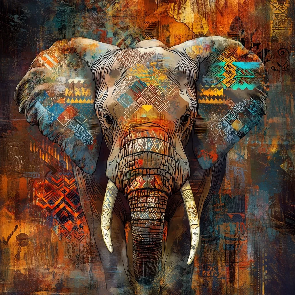 A majestic elephant's head and shoulders dominate this vibrant artwork.  The elephant is adorned with intricate, geometric patterns in rich earthy tones of orange, brown, teal, and blue, reminiscent of African tribal art.  The textured background adds depth, creating a powerful and evocative image blending realism and abstract design.  The overall effect is bold and visually striking.