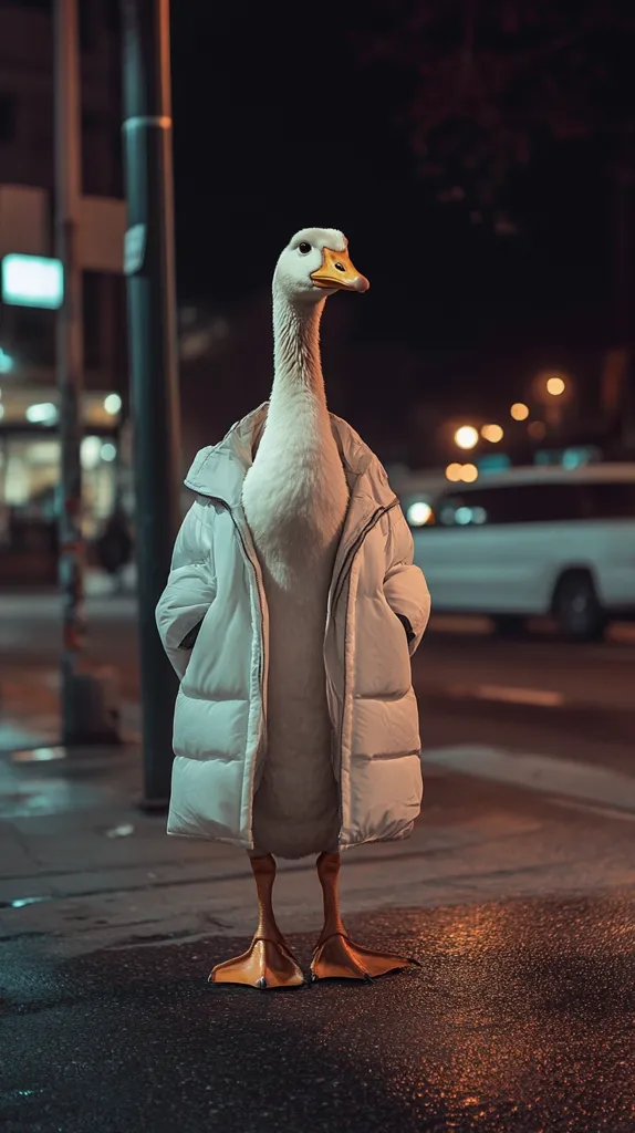A white goose stands on a city street at night, wearing a light beige puffer jacket.  The goose is positioned in the center of the frame, its webbed feet planted on the asphalt.  The background is blurred, showing city lights and a car, creating a surreal and humorous image.  The goose appears confident and well-dressed, a striking contrast to its surroundings.