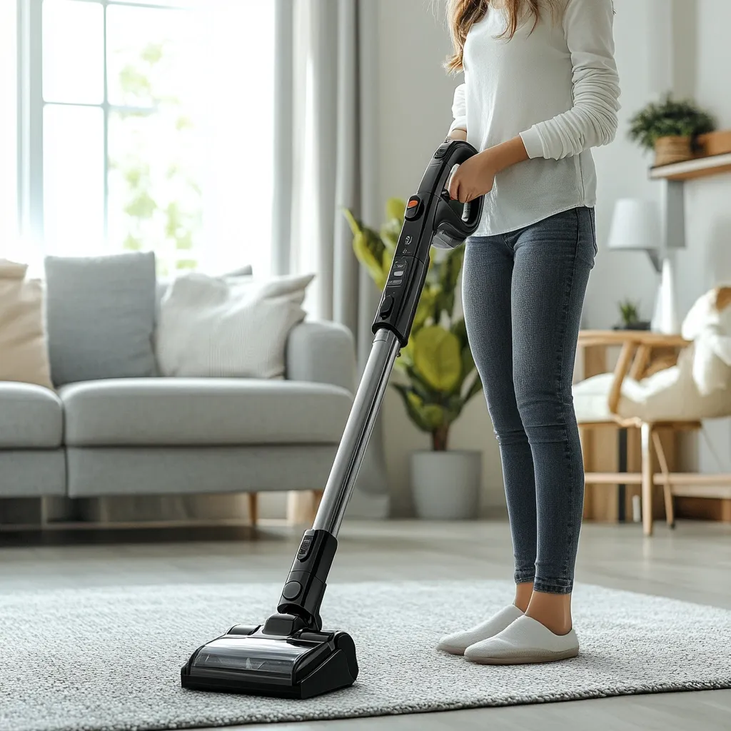 A woman in jeans and a white sweater vacuums a light gray rug in a living room.  The cordless vacuum cleaner is sleek and modern, with a long, silver wand and black head. The living room is bright and airy, with a comfortable-looking sofa in the background. The overall impression is one of clean and efficient housework.