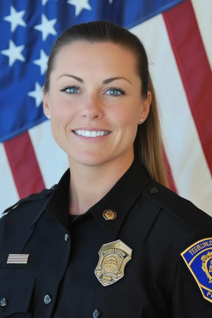 A smiling woman with light brown hair pulled back in a ponytail is shown in a close-up headshot.  She's wearing a black police uniform with a Teerlinck Police Department badge prominently displayed.  An American flag forms the backdrop. Her expression is friendly and confident, suggesting a professional portrait for official use.