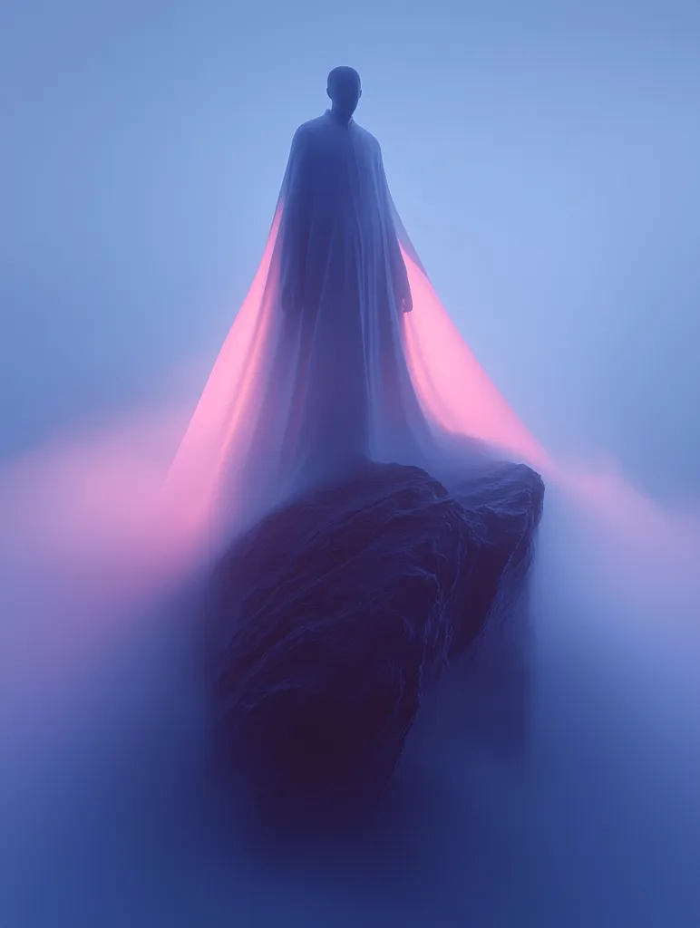 A solitary figure, cloaked in a flowing, translucent garment, stands atop a dark rock.  The ethereal scene is bathed in a soft, purplish-pink light, which emanates from the cloak and seems to blend with a surrounding mist or fog.  The overall mood is one of serene mystery and isolation. The figure's face is obscured, adding to the enigmatic atmosphere.