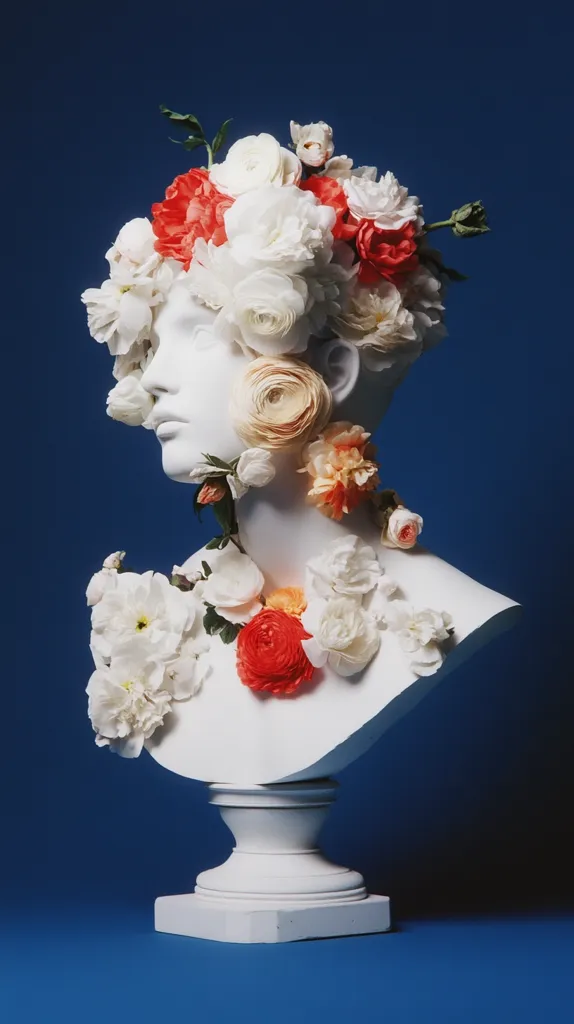 A classical white marble bust is adorned with a profusion of vibrant flowers.  White and coral ranunculus, roses, and other blossoms cascade from the head and shoulders, creating a striking contrast against the smooth, pale stone. The arrangement is set against a deep blue backdrop, enhancing the overall dramatic effect.  The image evokes a sense of both classical beauty and modern floral artistry.