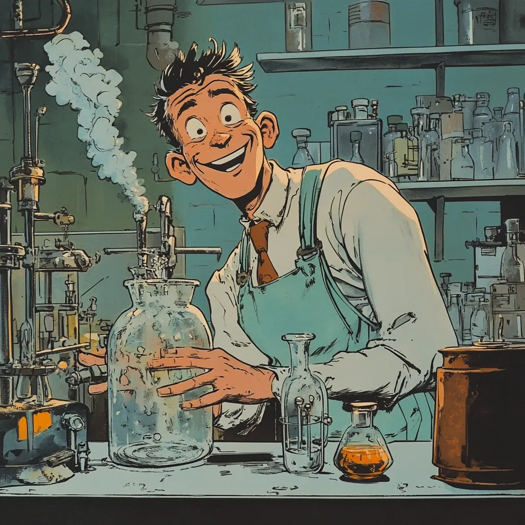 A grinning cartoon scientist, wearing a teal apron and tie, works in a cluttered laboratory.  Steam rises from a glass apparatus he's tending, surrounded by various bottles, jars, and scientific equipment.  The scene is vibrant and detailed, reminiscent of a vintage comic book illustration.  His joyful expression suggests a successful experiment.