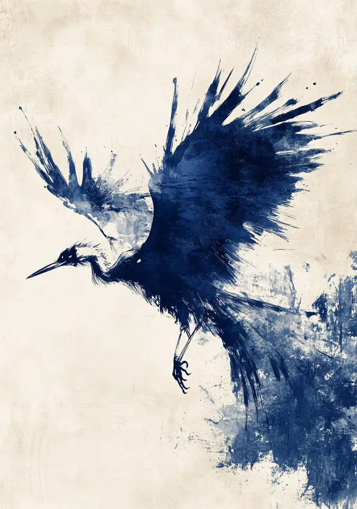 A stylized indigo blue bird, possibly a crane, is depicted in flight against a muted beige background.  The artwork utilizes bold brushstrokes and watercolor effects, creating a dynamic and expressive image.  The bird's wings are dramatically spread, suggesting movement and freedom. The overall style is abstract and evocative.