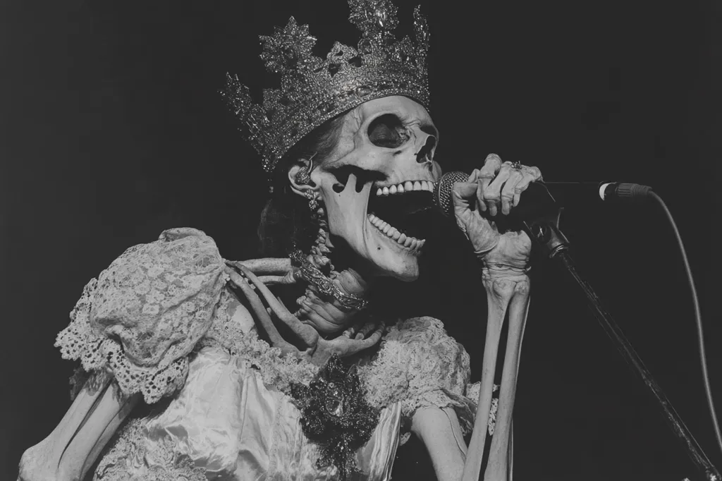 A black and white image depicts a skeletal figure, adorned in a jeweled crown and lace-trimmed gown, singing into a microphone.  The skeletal features are highly detailed, contrasting with the delicate fabric of the dress. The scene is dramatic and theatrical, with strong chiaroscuro lighting emphasizing the contrast between light and shadow.  The overall mood is one of macabre elegance.