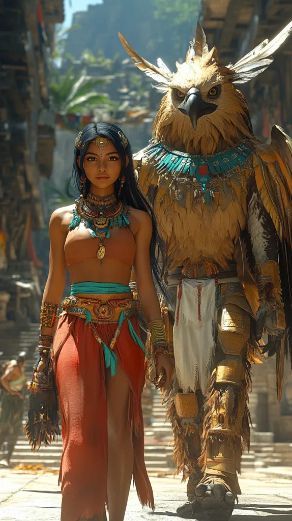 A young woman, adorned in elaborate gold and turquoise jewelry and a flowing orange dress, walks hand-in-hand with a majestic, anthropomorphic eagle.  The eagle, similarly ornamented, features intricate feathered details and golden armor. They stroll through ancient, sun-drenched stone ruins, suggesting a mystical or fantasy setting.  The scene is vibrant and detailed, rich in texture and color.