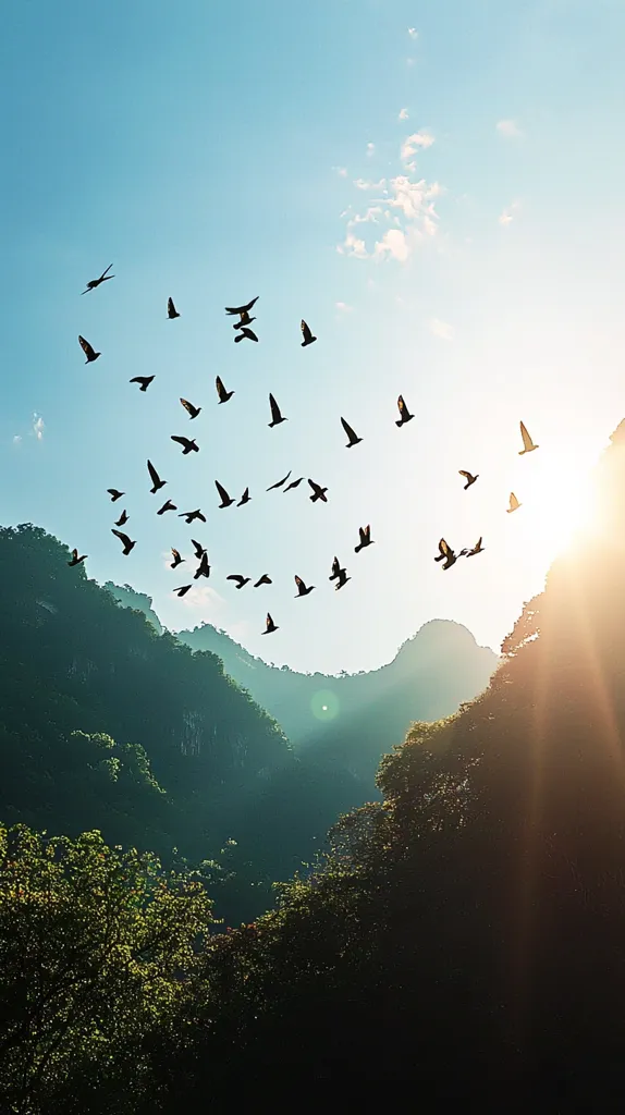 A flock of birds silhouetted against a vibrant sunrise, soaring above a lush green valley.  The sun's rays illuminate the mountains, creating a breathtaking scene of nature's beauty.  The birds' flight path forms an elegant curve, adding to the picture's peaceful and serene atmosphere. The image is a captivating blend of avian movement and majestic landscape.